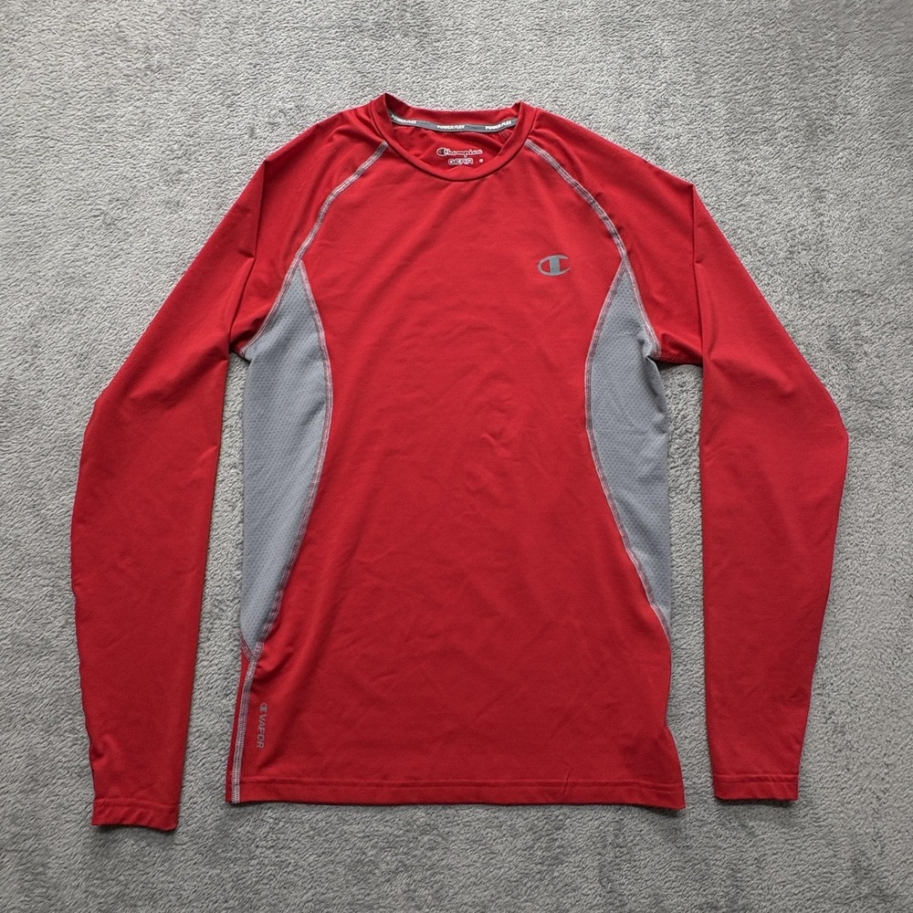 Champion Gear Shirt Mens Medium Red Gray PowerFlex Long Sleeve Athletic Training